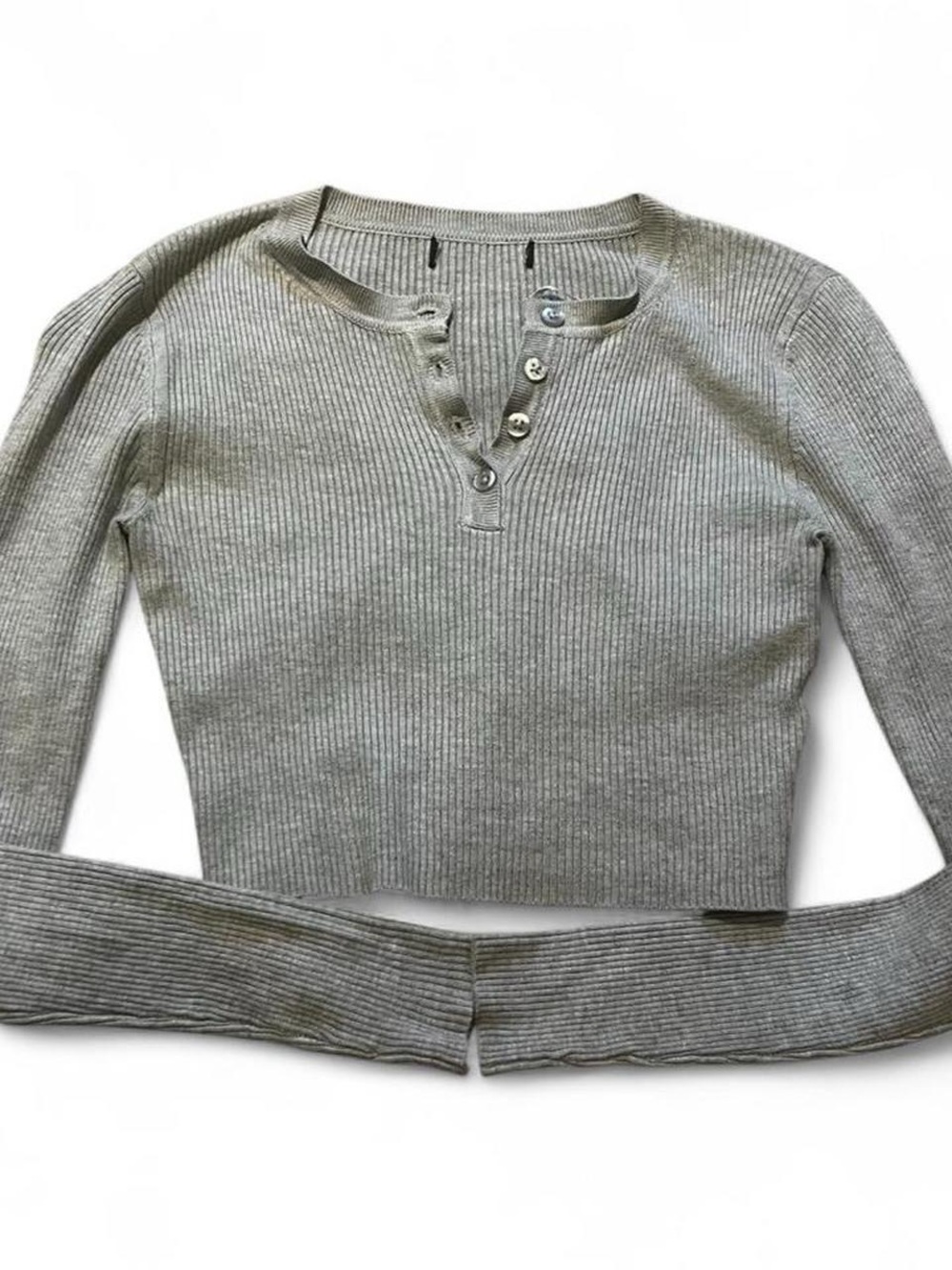 Ribbed Henley Crop Top in Light Gray